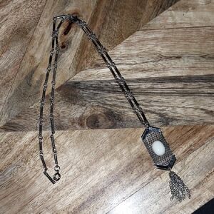 Vintage Signed Celebrity NY Silver Toned Necklace with White Glass Pendant